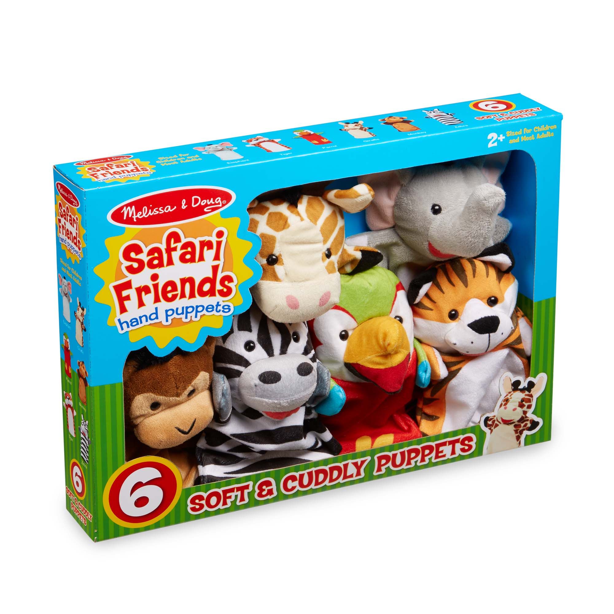 Melissa & Doug 6 Marionnettes Animaux Safari – Éléphant, Tigre, Perroquet, Girafe, Singe, Zèbre – Dès 2 Ans