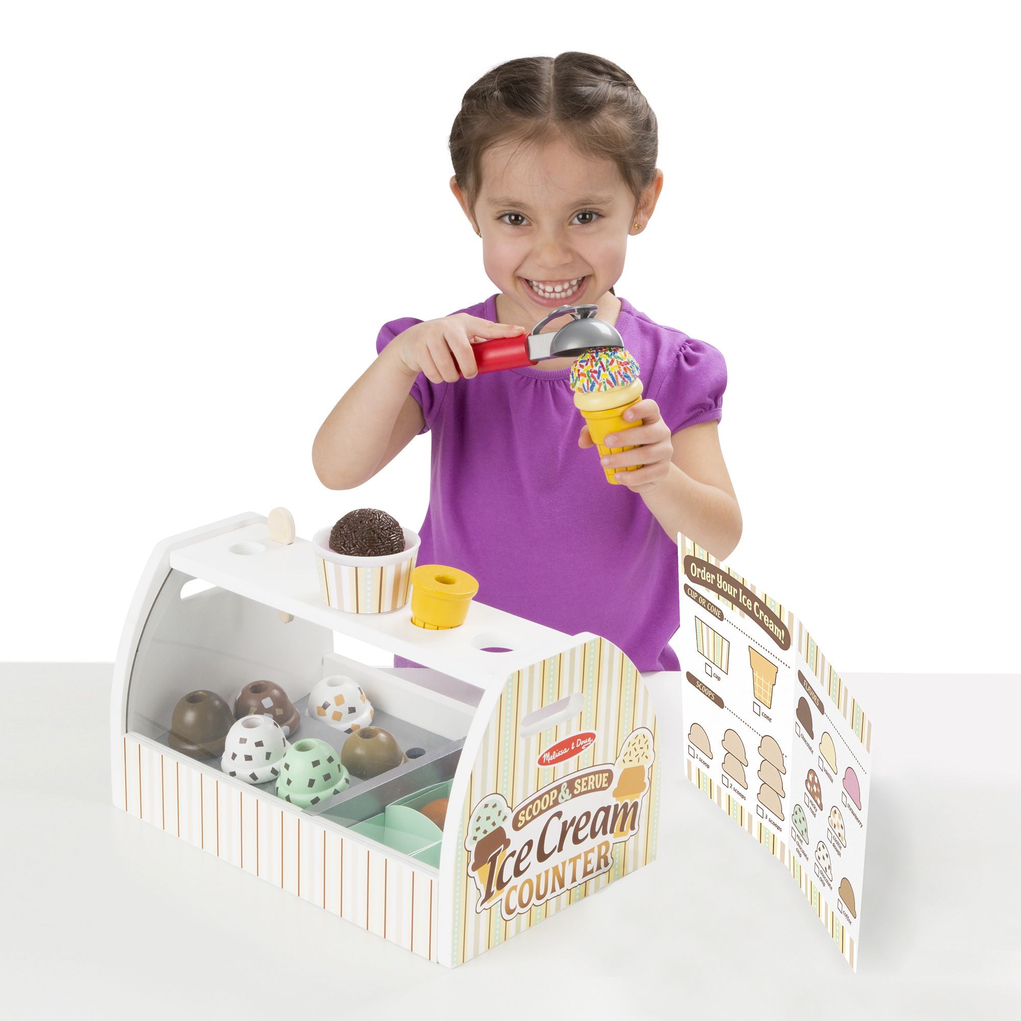 Jouet de Crème Glacée en Bois, Comptoir de Crème Glacée 3-en-1 avec Cafetière 28 Pcs Accessoires de Cuisine de Jeu d'Imitation pour Tout-Petits Jouets en Bois pour Fille Ou Garçon de 3