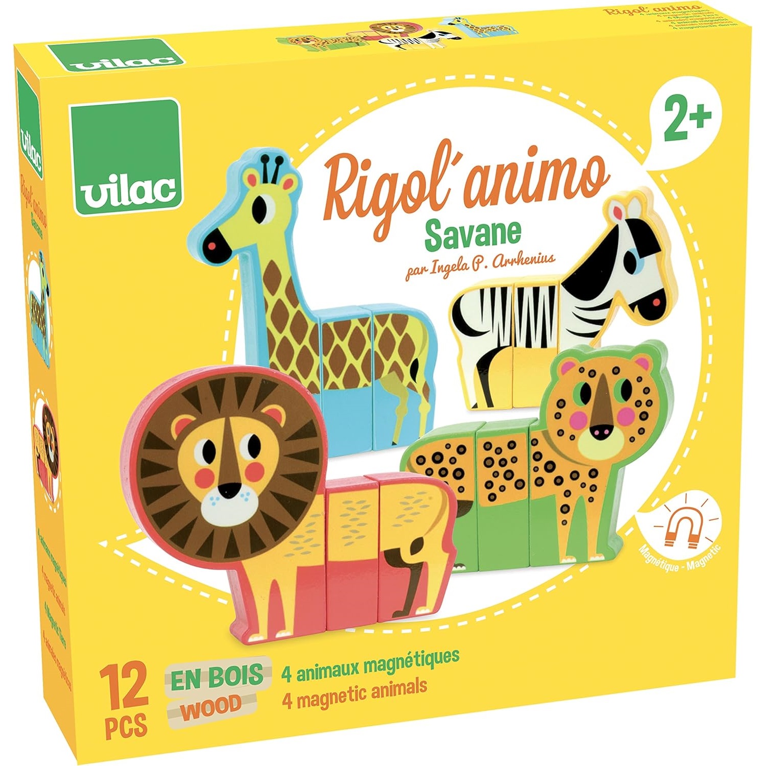 VILAC - Magnets Rigolos - Ingela P. Arrhenius - Jeux Créatifs - 30 Magnets En Bois Pour 10 Animaux + 1 Coffret De Rangement En Carton - Jouet En Bois - Dès 2 Ans - 7624
