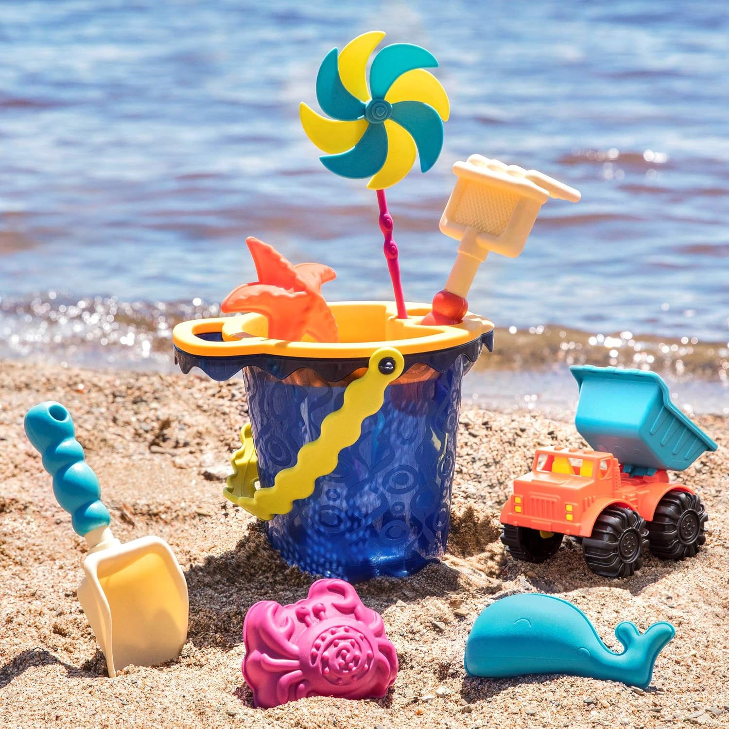 Kit De Plage 11 Pièces HPiano - Seau Pliable, Pelles, Moules à Sable Pour Enfants - Bleu/Orange