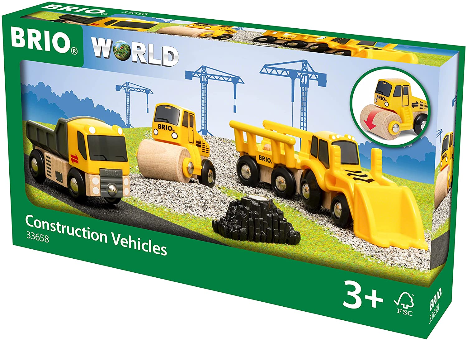 BRIO Coffret 3 Engins De Chantier - Compatible Circuits Trains Bois - Camion, Rouleau, Chargeur - Dès 3 Ans