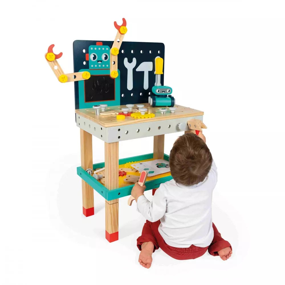 Janod Grand Établi Robot Brico'Kids - Jeu De Bricolage 51 Accessoires + Robot Dès 36 Mois
