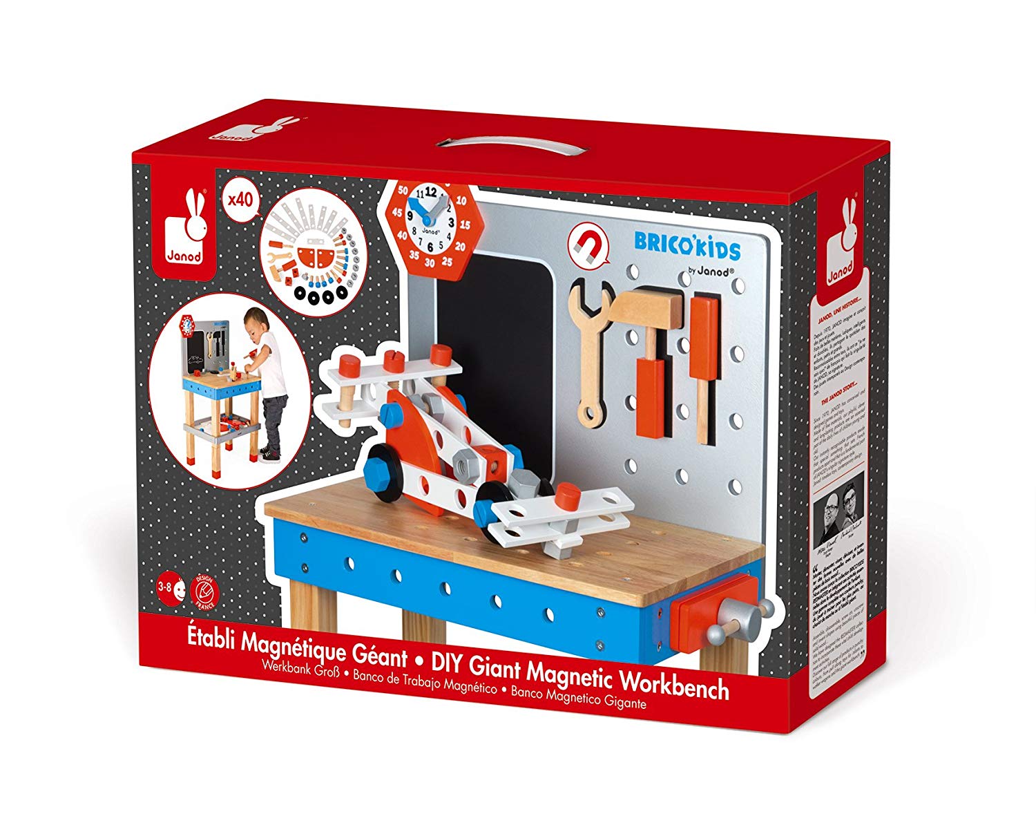 Établi Magnétique Géant Brico'Kids Janod - 40 Accessoires, 3 Outils, Bois, Dès 3 Ans