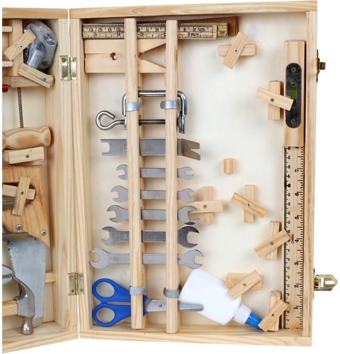 Valise boite à outils avec perceuse, jouet en bois de Legler