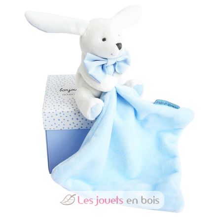 Doudou Lapin Mouchoir bleu boite Fleur DC3338 Doudou et Compagnie 1