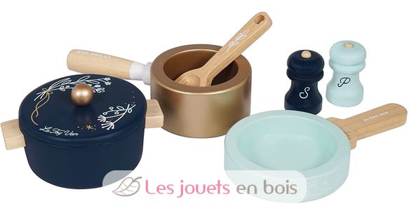 Batterie de cuisine, casseroles en émail et ustensile, jouet de Legler