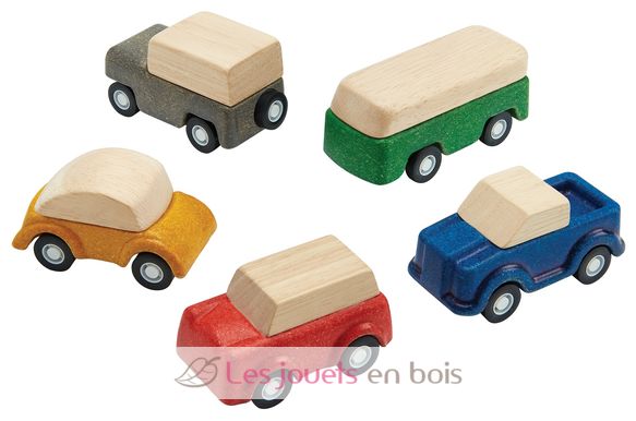 Set de 5 petits véhicules Plan Toys PT6285 - Véhicules en bois - Petites  voitures en bois