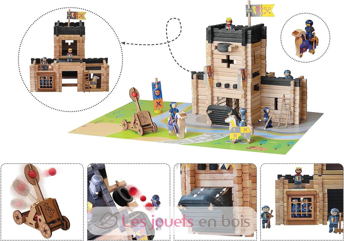 Jeujura Castello Forte E Catapulta - 270 Pezzi In Legno, Gioco Di Costruzione Per Bambini 5+ Anni