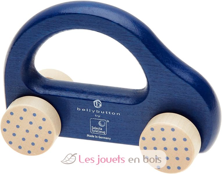 Petite voiture rapide bleue, un jouet en bois à pousser. Selecta pour enfant  1 à 2 ans .